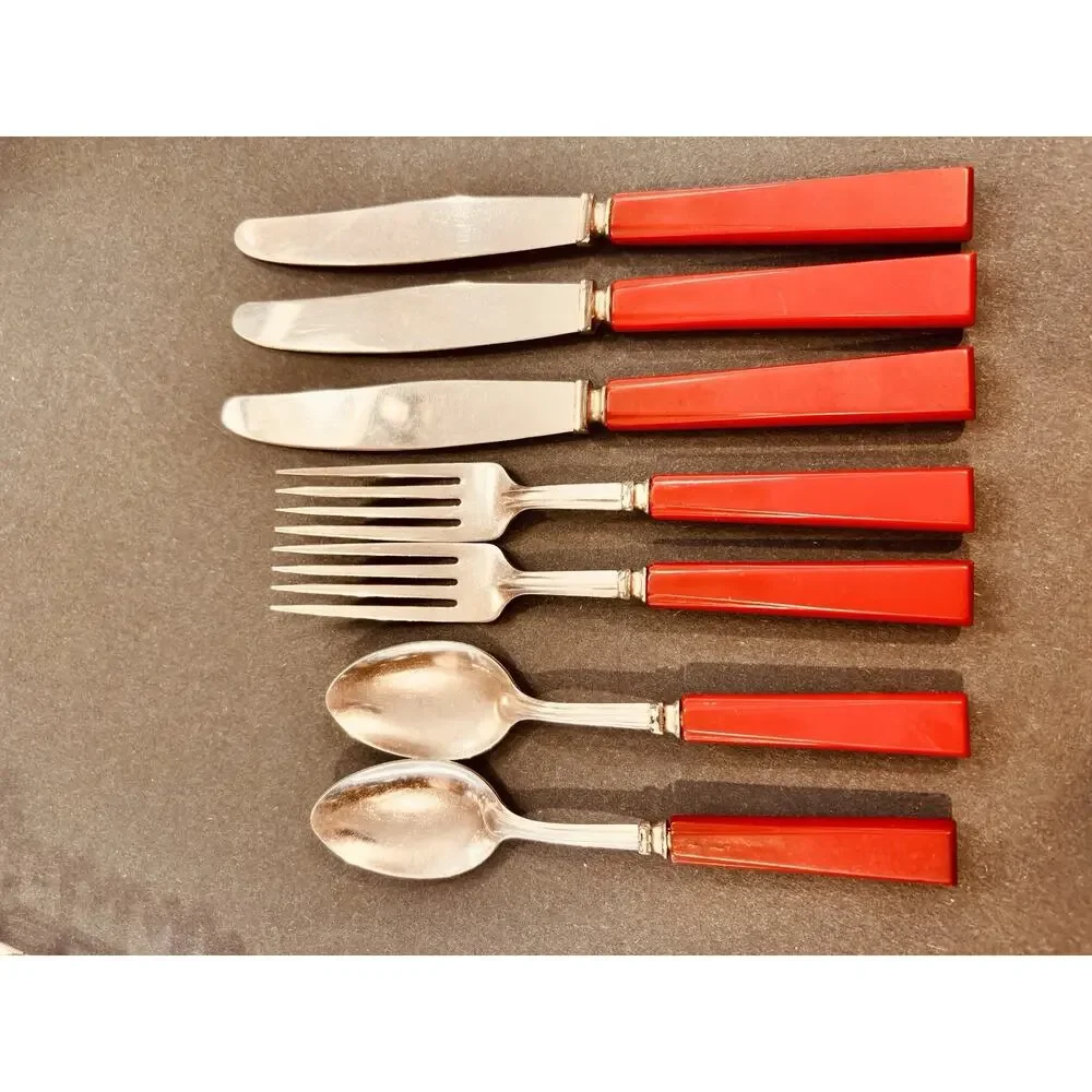 Vintage Red Bakelite Art Deco Flatware Silverware Stainless USA 7 Pcs Set